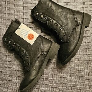 🤖♡Blue Suede Shoes Black Lace-Up Combat Boots